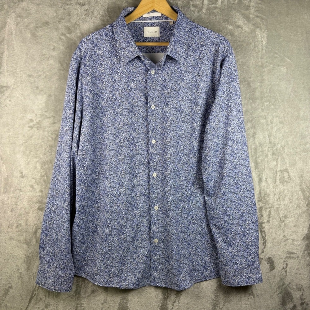 7 Diamonds Men Floral Button Down Shirt Blue Performance Stretch Long Sleeve XXL